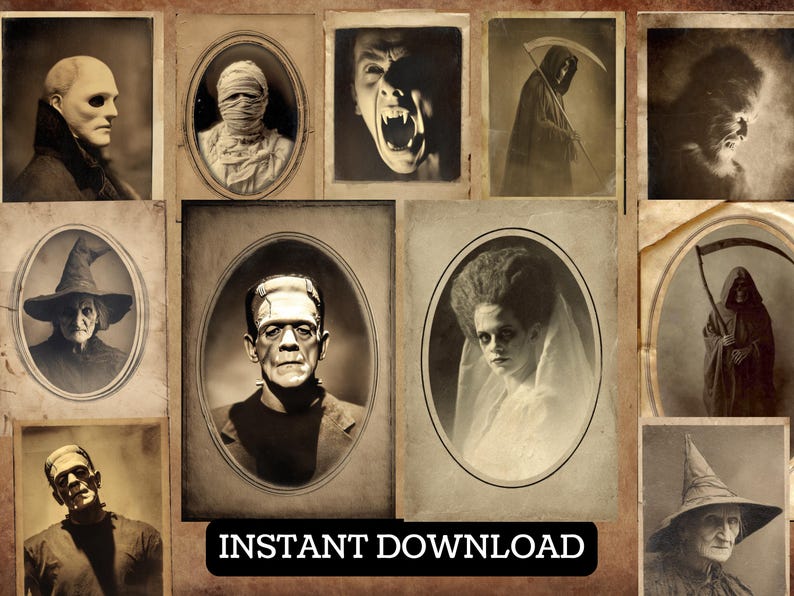 May include: A collection of vintage-style portraits of classic horror movie characters, including a mummy, Frankenstein's monster, a witch, and a vampire. The images are sepia-toned and arranged on a textured background. Text reads "INSTANT DOWNLOAD".