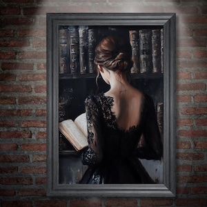 Dark Academia Wall Art Print, Vintage Victorian Woman Reading in Library Poster, Bookish Painting, Moody Wall Decor, Book Lover Gift