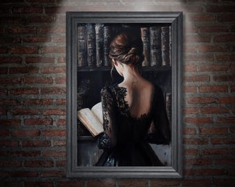 Dark Academia Wall Art Print, Vintage Victorian Woman Reading in Library Poster, Bookish Painting, Moody Wall Decor, Book Lover Gift