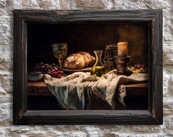 Last Supper Still Life Painting, Religious Bread Wine, Catholic Oil Painting, Vintage Food Poster, Rustic Kitchen Wall Art, Christian Gift
