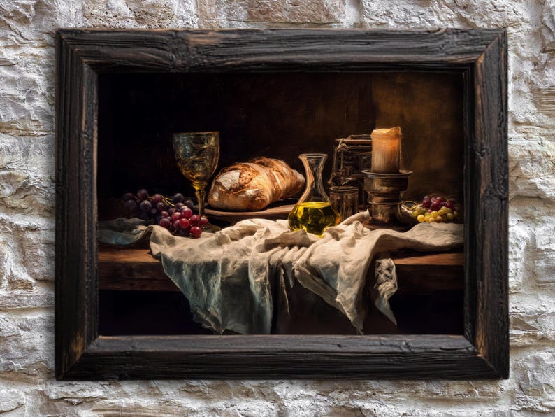 May include: A framed still life painting featuring a loaf of bread, grapes, a glass of wine, and a lit candle. A bottle of olive oil and a draped cloth are also visible. The painting has a dark, warm color palette.