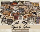 Halloween Signs Labels Words & Quotes, Printable Vintage Ephemera for Junk Journal Scrapbook (136 PCS)