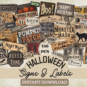May include: A collection of Halloween-themed signs and labels with various designs and text. The signs feature phrases like "Hocus Pocus," "Spooky Season," and "Happy Haunting." The image includes a variety of shapes and sizes, with a vintage, distressed aesthetic.