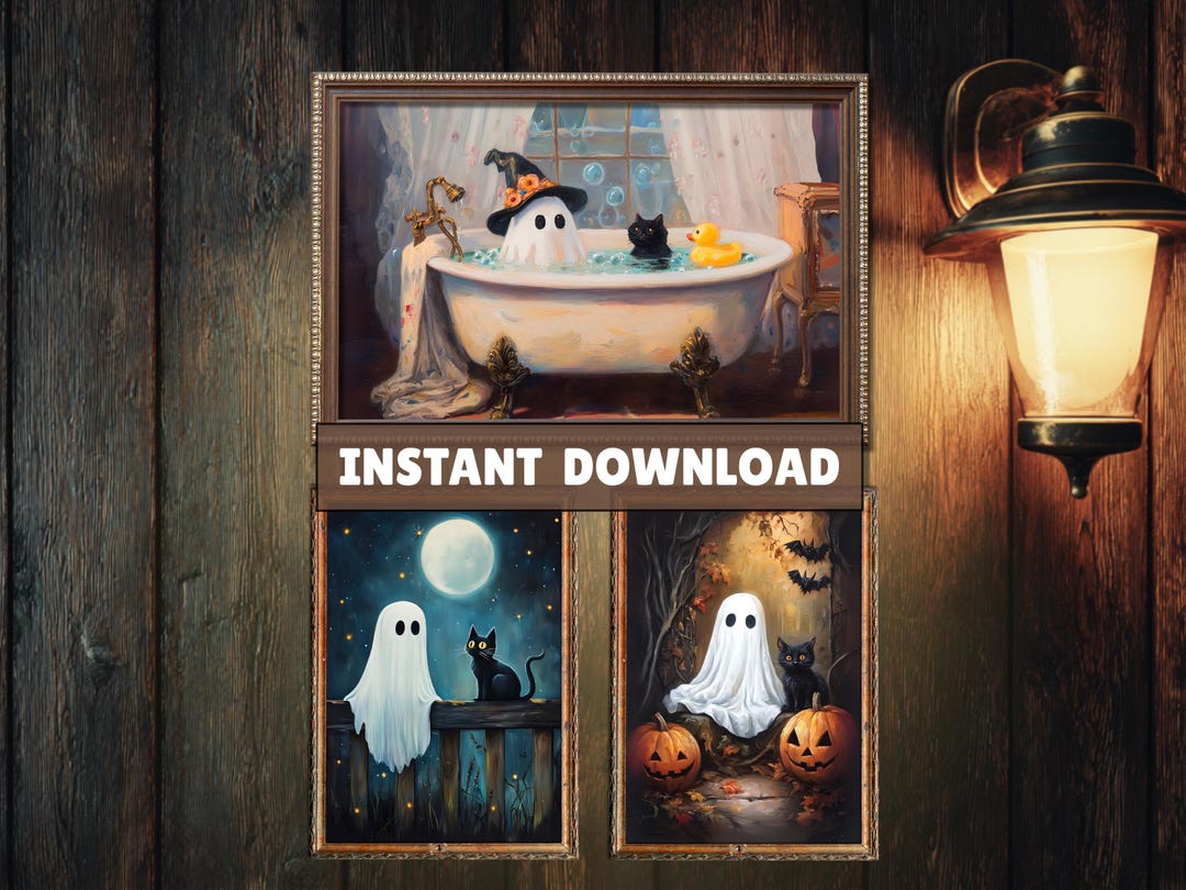Printable Ghost and Cat Wall Art Set of 3, Digital Halloween Prints ...