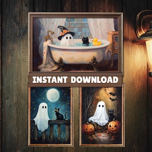 May include: A collection of framed Halloween-themed art prints. The top print shows a ghost in a bathtub with a witch hat, a black cat, and a rubber duck. The other prints feature ghosts, black cats, pumpkins, and a full moon. The text "INSTANT DOWNLOAD" is displayed.