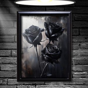 Black Roses Wall Art Painting, Gothic Flower Print, Vintage Dark Rose Poster, Moody Floral Home Decor, Dark Romance Victorian Oil Painting