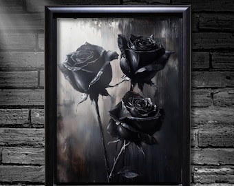 Black Roses Wall Art Painting, Gothic Flower Print, Vintage Dark Rose Poster, Moody Floral Home Decor, Dark Romance Victorian Oil Painting