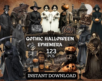 May include: A digital collage featuring gothic Halloween imagery. The composition includes figures dressed in dark attire, pumpkins, skulls, and vintage-style illustrations. Text elements include "Gothic Halloween Ephemera," "123 PCS," and "Instant Download."