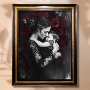 Mother and Child Wall Art Print, Beautiful Moody Motherhood Portrait, Artistic Mom Baby Painting, Vintage Victorian Decor, Mothers Day Gift