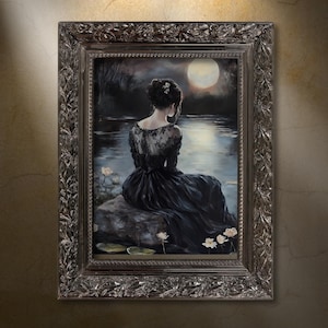 Gothic Victorian Woman Painting, Moody Goth Wall Art Print, Vintage Dark Academia Poster, Antique Wall Decor, Classic Oil Painting