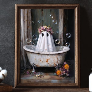 Ghost in Bathroom Wall Art Print, Spooky & Cute Ghost in Bathtub Painting, Vintage Dark Academia Poster, Antique Victorian Bubble Bath Decor