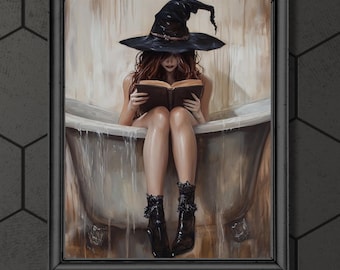 Pintura al óleo de una bruja leyendo en la bañera, lámina de arte gótico para pared, póster vintage de bruja para el baño, baño de bruja victoriano, decoración de Halloween para el hogar