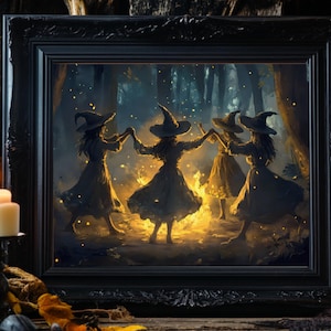 Forest Witch Painting, Coven Dance by Fire, Magical Witchy Halloween Print, Vintage Witchcraft Poster, Gothic Wall Art, Whimsical Decor