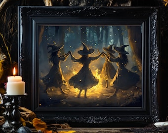Forest Witch Painting, Coven Dance by Fire, Magical Witchy Halloween Print, Vintage Witchcraft Poster, Gothic Wall Art, Whimsical Decor