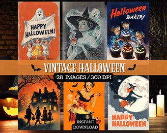 Vintage Halloween Printable Bundle Set of 28 Images, Retro 1940s 1950s Halloween Art, Junk Journal Ephemera, Scrapbook ATC, Spooky Postcards