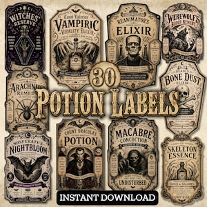 May include: A collection of 30 vintage-style potion labels featuring gothic illustrations of vampires, monsters, spiders, bats, and skulls. Each rectangular label includes detailed typography, ornate borders, and dark, thematic text.
