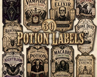 30 Vintage Potion Labels, Halloween Apothecary  PNG Printables, Spooky Bottle Prints, Dracula & Frankenstein