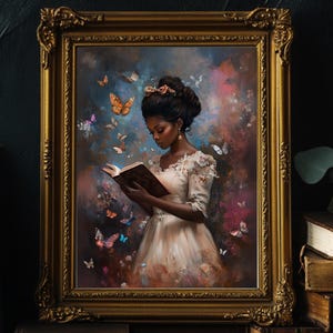 Vintage Woman Reading Book Print, African Girl Painting, Black Woman Reading Art, Bookish Vintage Portrait, Moody Dark Academia Wall Poster