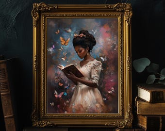Lámina vintage de mujer leyendo un libro, pintura de niña africana, arte de mujer negra leyendo, retrato vintage de lectora, póster de pared de estilo Dark Academia con aires melancólicos.
