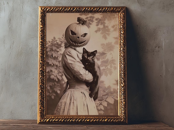 Victorian Halloween Print, Creepy Vintage Woman & Black Cat Photo, Eery Gothic Photography, Surreal Spooky Season Jack O Lantern Poster