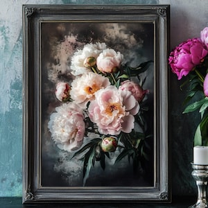 Moody Peonies Painting, Vintage Victorian Floral Wall Art Print, Blush Pink Peony Poster, Flower Home Decor, Still Life Giclee Artwork