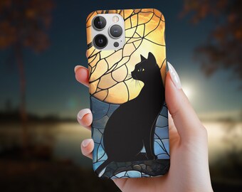Black Cat and Moon Phone Case, Cute Halloween Phone Case,  Faux Stained Glass Celestial Cat Lover Phone Cover, Tough Phone Case
