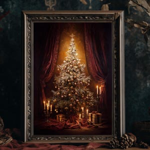 Moody Christmas Tree Wall Art, Vintage Victorian Xmas Oil Painting, Rustic Gothic Decor, Dark Academia Print, Antique Holiday Poster