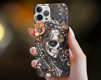 Gothic Skeleton Phone Case with Bling, Aesthetic Halloween Phone Case, Goth Skull Phone Case, Black Rhinestones & Sparkle, Tough Phone Case