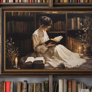 May include: A painting depicting a woman seated in a library, engrossed in a book illuminated by candlelight. She is dressed in a white gown with her hair tied back. The library is filled with bookshelves and candles are placed on the floor.