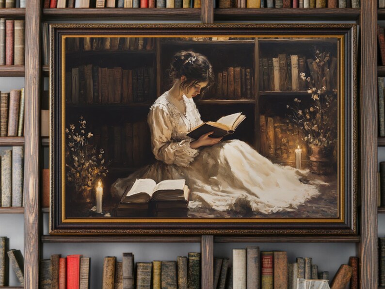May include: A painting depicting a woman seated in a library, engrossed in a book illuminated by candlelight. She is dressed in a white gown with her hair tied back. The library is filled with bookshelves and candles are placed on the floor.
