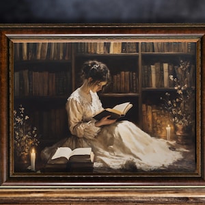 May include: A painting depicting a woman in a white dress seated in a library, reading a book by candlelight. The shelves are filled with books and there are flowers in the background.