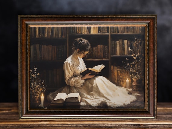 Victorian Woman Reading Art Print, Dark Academia Decor, Moody Vintage Library Oil Painting, Rustic Bookish Wall Art,  Antique Book Poster