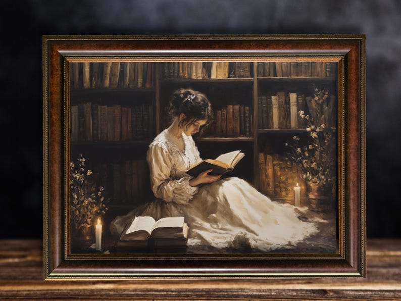 May include: A painting depicting a woman in a white dress seated in a library, reading a book by candlelight. The shelves are filled with books and there are flowers in the background.
