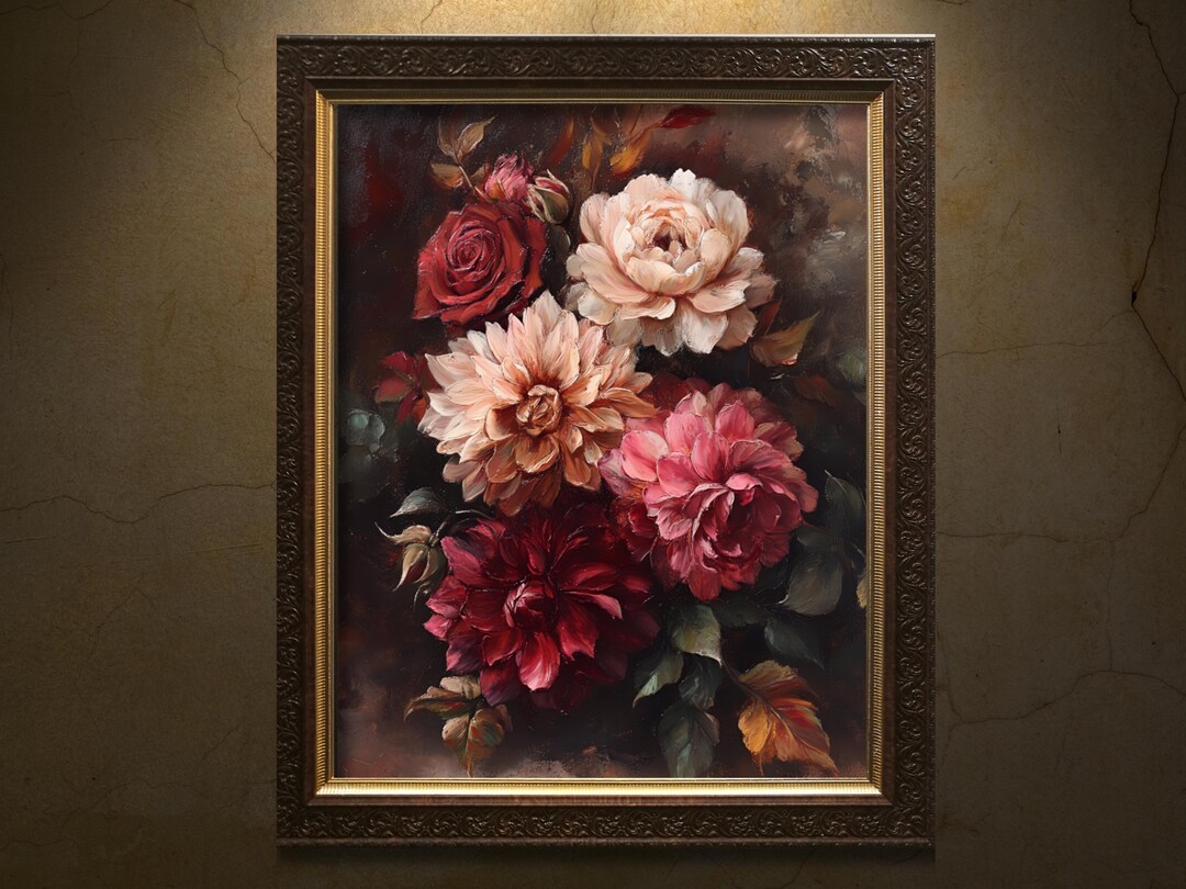 Moody Flowers Wall Art Print, Vintage Floral Poster, Dahlia Rose Flower ...