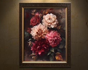 Moody Flowers Wall Art Print, Vintage Floral Poster, Dahlia Rose Flower Painting, Botanical Wall Decor, Giclee Gothic Dark Academia Art