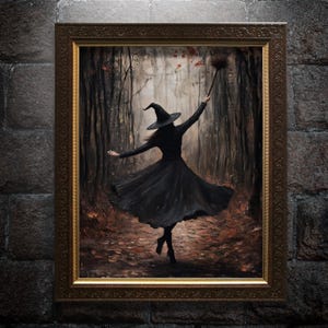 Witch Dancing in the Forest Wall Art Print, Witchy Halloween Painting, Gothic Dark Cottagecore Fall Poster, Dark Academia Oil Painting Decor