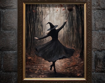 Witch Dancing in the Forest Wall Art Print, Witchy Halloween Painting, Gothic Dark Cottagecore Fall Poster, Dark Academia Oil Painting Decor
