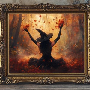 Cuadro de bruja en el bosque otoñal, decoración de brujas, impresión vintage de arte mural de Halloween, póster de otoño, arte gótico de brujas, decoración caprichosa de witchcore