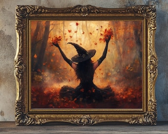 Witch in Fall Forest Painting, Witchy Decor, Vintage Halloween Wall Art Print, Autumn Poster, Gothic Witch Art, Whimsical Witchcore Decor