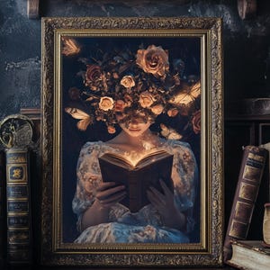 May include: A framed artwork depicts a woman reading a book, with a floral and butterfly design. The woman's head is adorned with roses and butterflies. The book emits a bright light. The frame is gold, and the artwork is surrounded by antique books.
