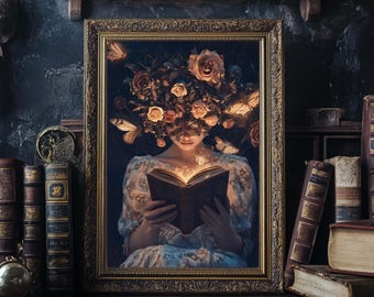 May include: A framed artwork showing a woman reading a book, with a floral and butterfly design. The woman's head is decorated with roses and butterflies. The book glows with light. The frame is gold, and the artwork is surrounded by antique books.