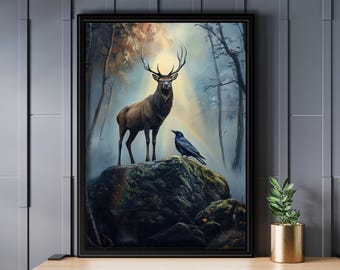 Deer and Raven Painting, Moody Wildlife Print,  Rustic Landscape Wall Art, Nature Animal Poster, Dark Cottagecore Art, Gothic Woodland Decor