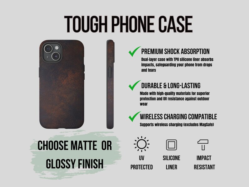 Pu&ograve; includere: Una custodia per telefono resistente con un design testurizzato marrone e nero. La custodia &egrave; compatibile con la ricarica wireless e presenta una fodera in silicone per assorbire gli urti. La custodia &egrave; protetta dai raggi UV e dagli impatti.