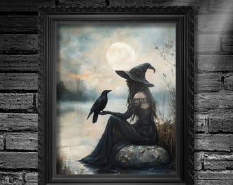 May include: A painting of a witch in a black dress and pointed hat sitting on a rock by a lake. A crow sits on the rock next to her. The moon is full and shining in the sky.