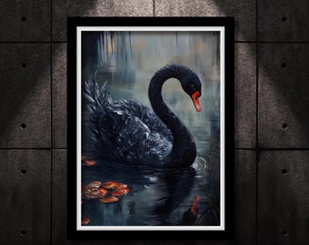 Black Swan Art Print, Moody Bird Poster, Gothic Wall Art Print, Dark Cottagecore Painting, Vintage Oil Painting, Wildlife Art, Country Decor
