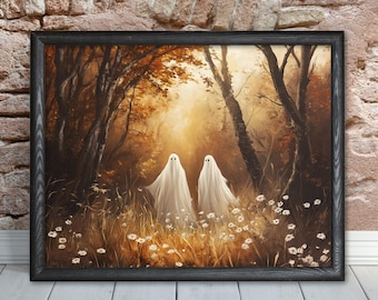 Ghosts in Fall Forest Painting, Vintage Halloween Poster, Floral Ghost Print, Gothic Spooky Season Decor, Autumn Haunted Woods Wall Art