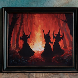 Witch Dance Wall Art, Moody Witchcraft Oil Painting, Gothic Print, Dark Academia Poster, Mystical Halloween Decor, Magic Coven Witchy Ritual