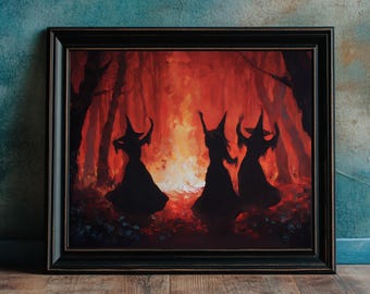 Witch Dance Wall Art, Moody Witchcraft Oil Painting, Gothic Print, Dark Academia Poster, Mystical Halloween Decor, Magic Coven Witchy Ritual