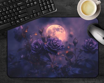 Floral Desk Mat,  Aesthetic Celestial Rose Mousepad, Dark Cottagecore Desk Pad, Moon and Purple Flower, Space Gaming, XL Botanical Mouse Pad