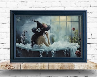 Lámina decorativa de bruja en la bañera, decoración de baño con temática de brujas, pintura de brujas, arte de brujas victorianas, póster gótico de Halloween, decoración de baño estilo Witchcore.